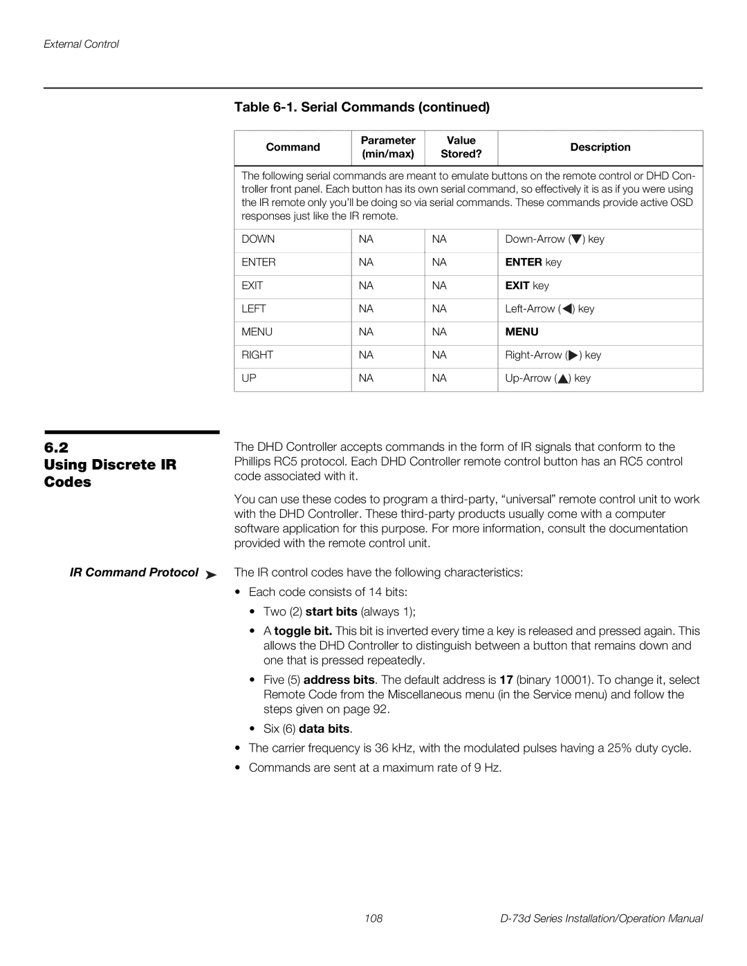 Runco D-73D Using Discrete IR Codes, Command Parameter min/max Value Stored? Description, Enter key, Exit key 