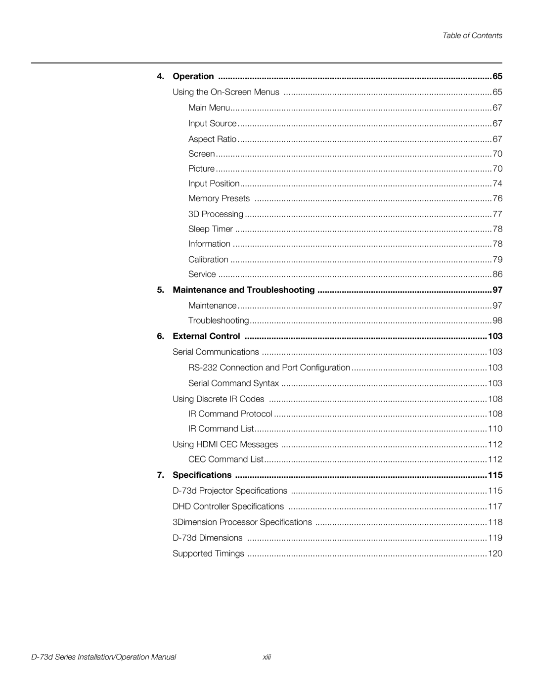 Runco D-73D operation manual 103, 115 