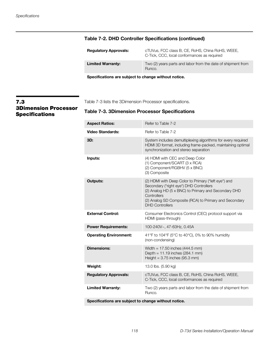 Runco D-73D operation manual 3Dimension Processor Specifications 