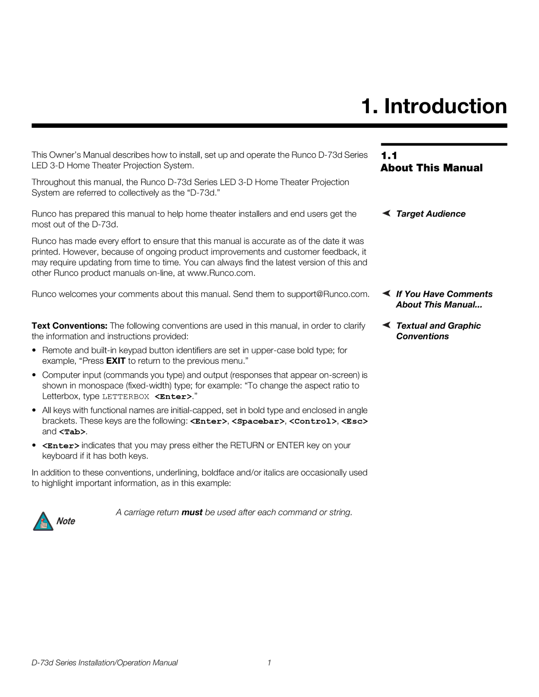 Runco D-73D operation manual Introduction, About This Manual 