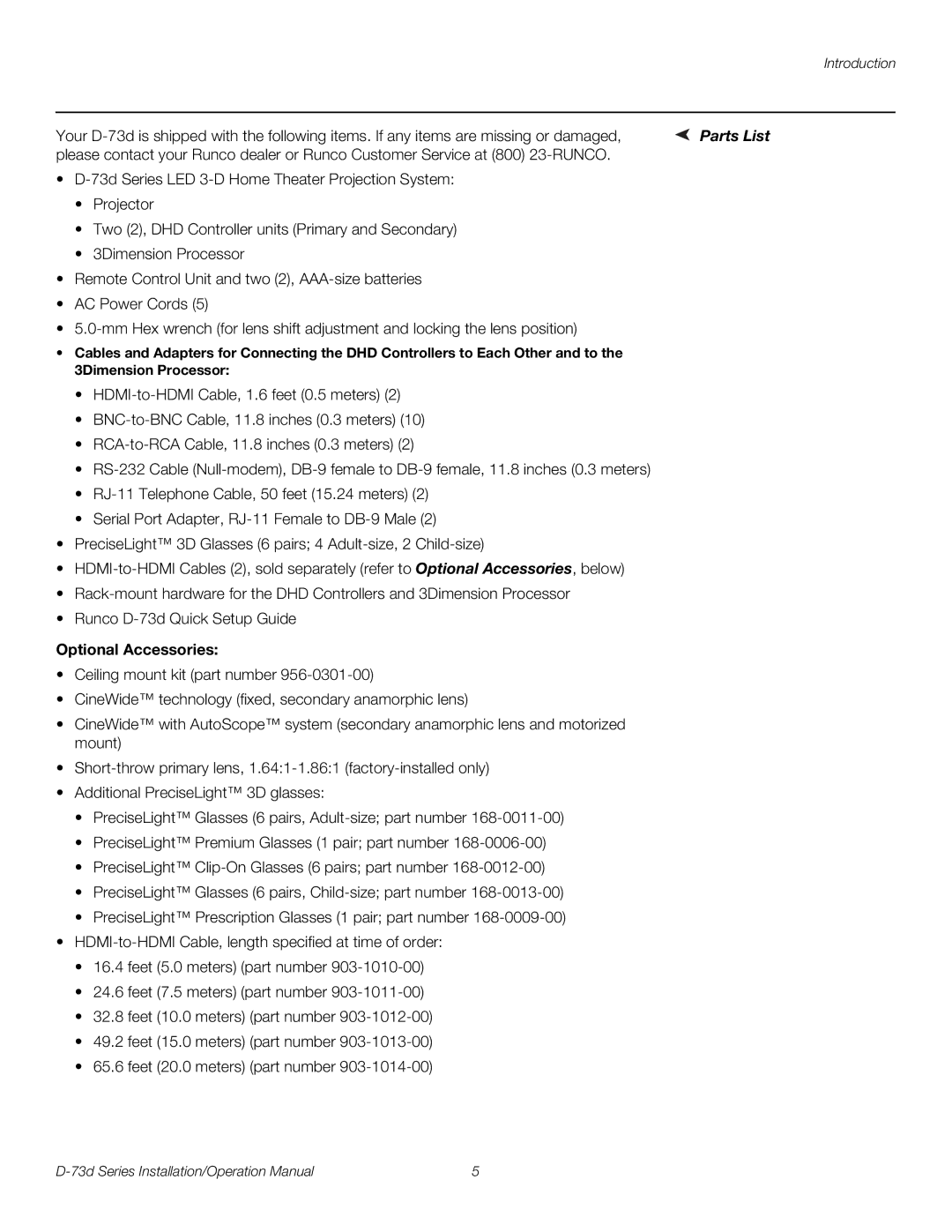 Runco D-73D operation manual Parts List, Optional Accessories 