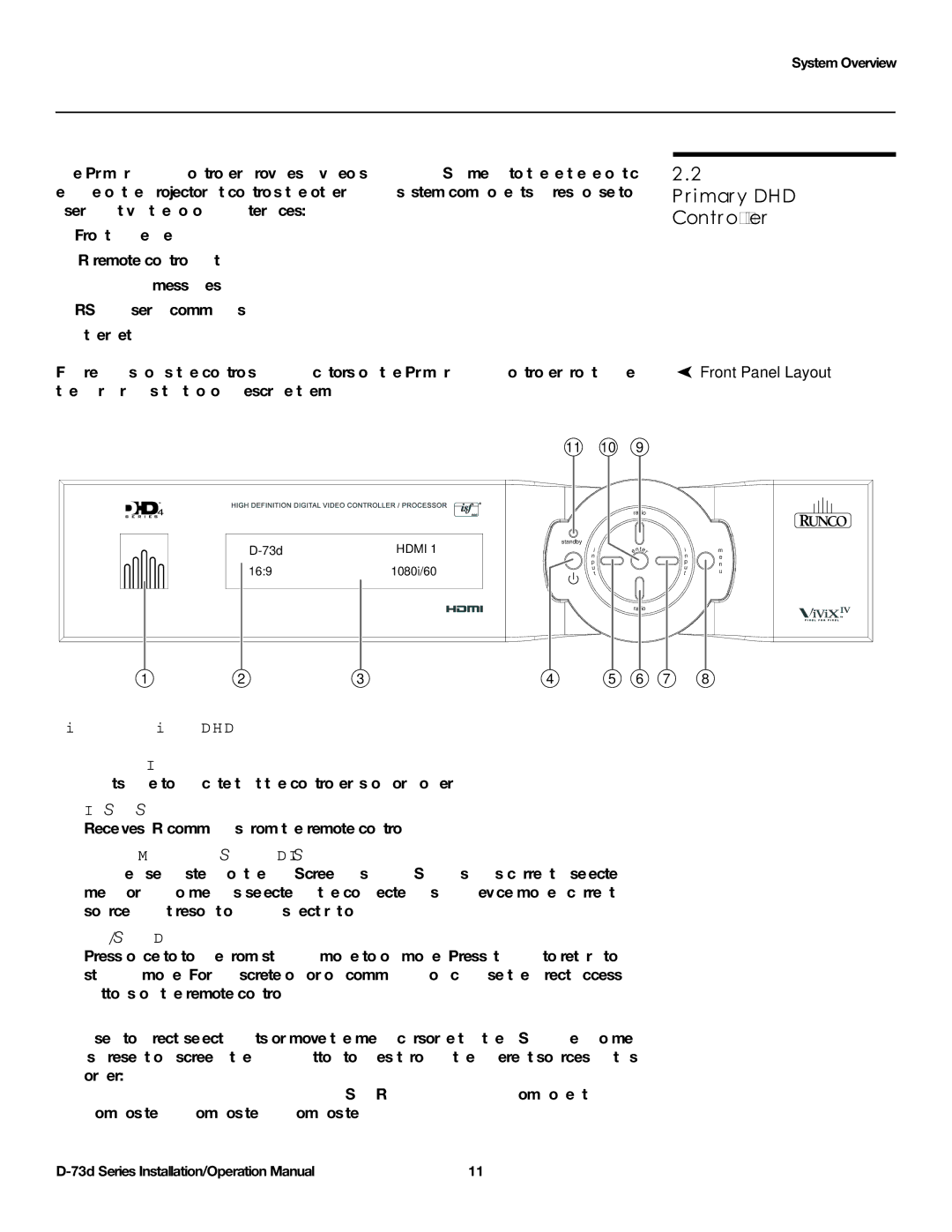 Runco D-73D operation manual Primary DHD Controller, Front Panel Layout 