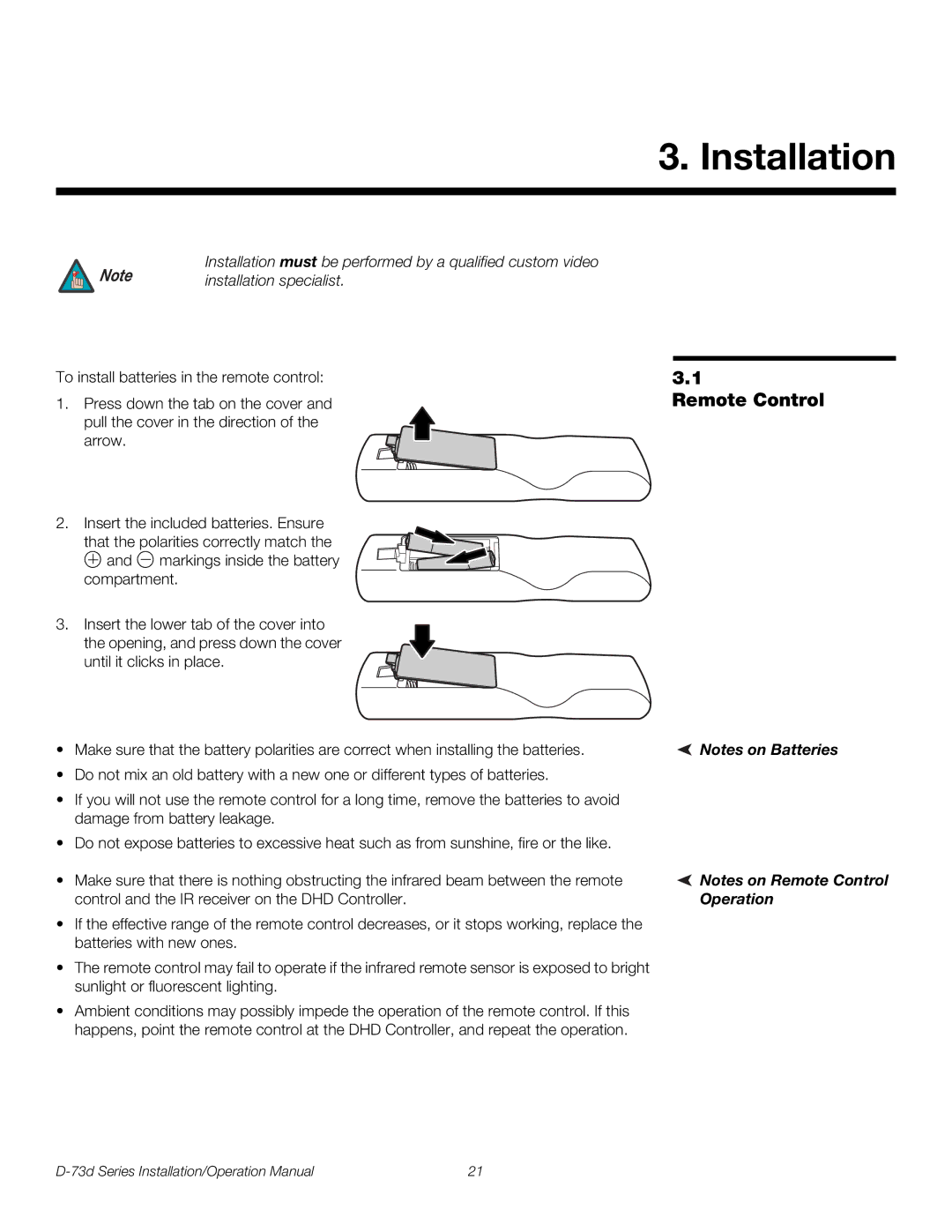 Runco D-73D operation manual Remote Control, Installation specialist 