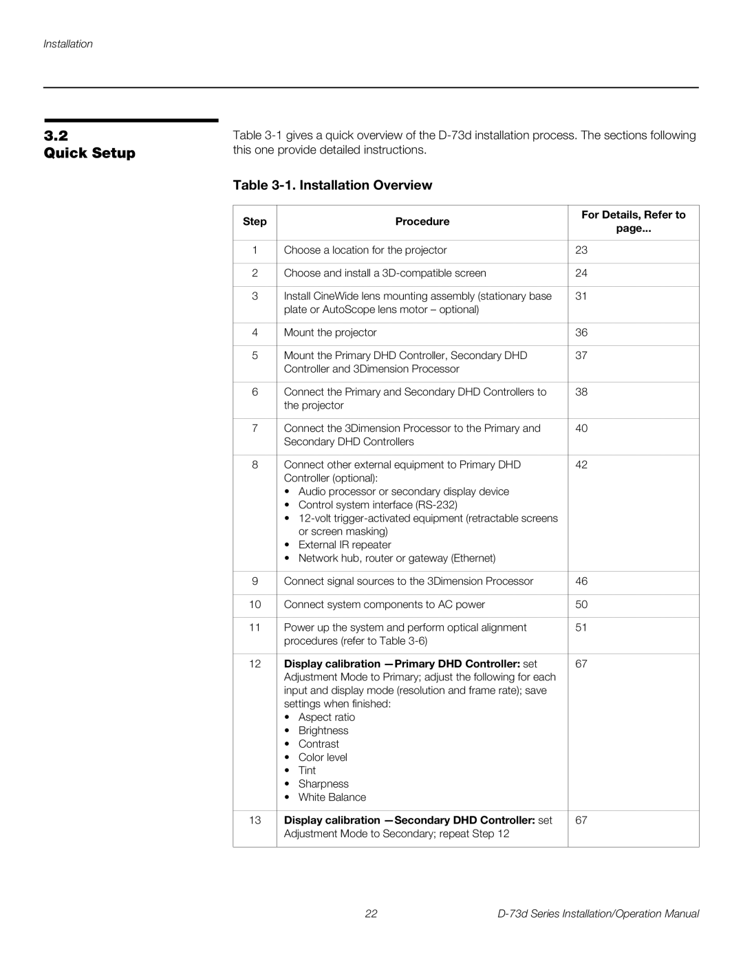 Runco D-73D operation manual Quick Setup, Installation Overview, Step Procedure For Details, Refer to 