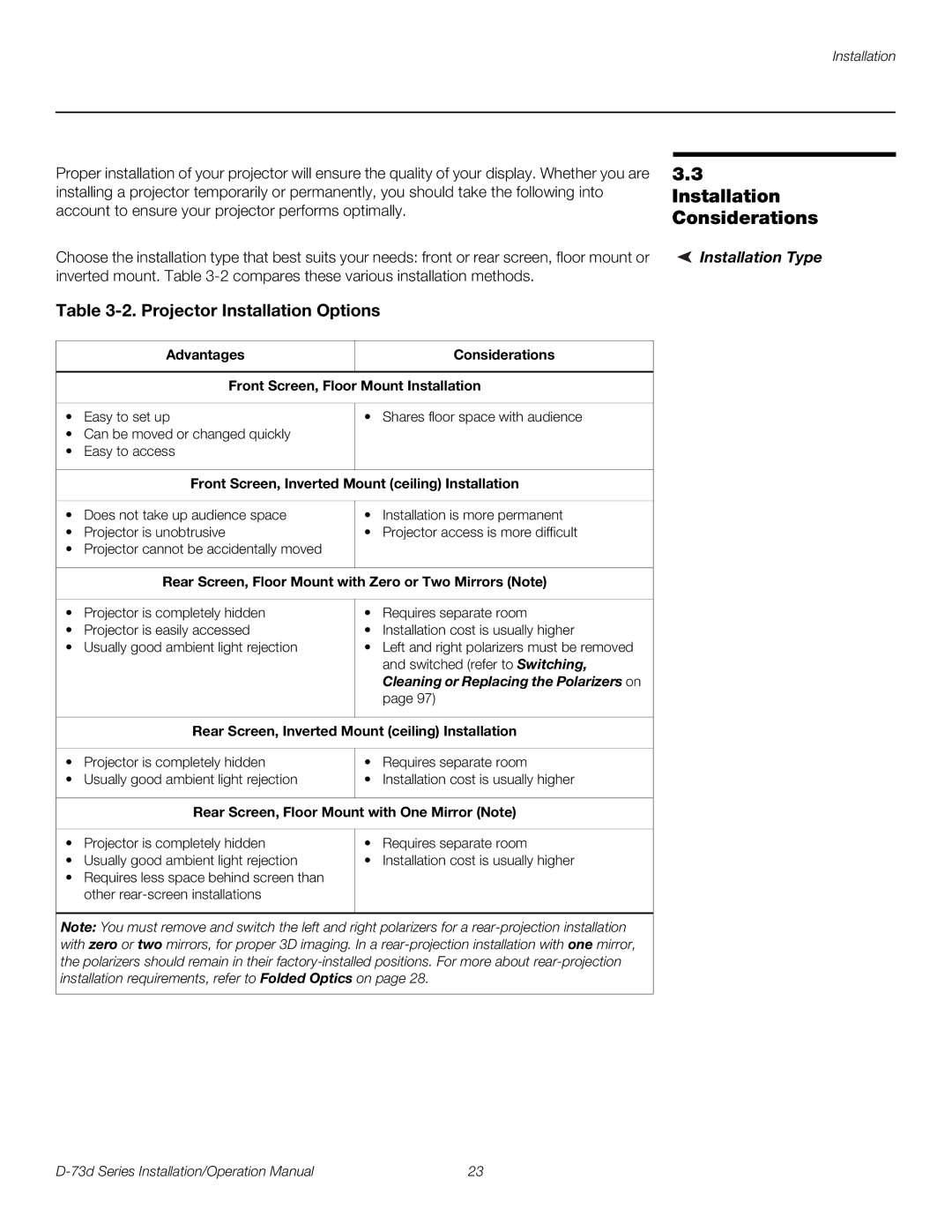 Runco D-73D operation manual Installation Considerations, Projector Installation Options, Installation Type 