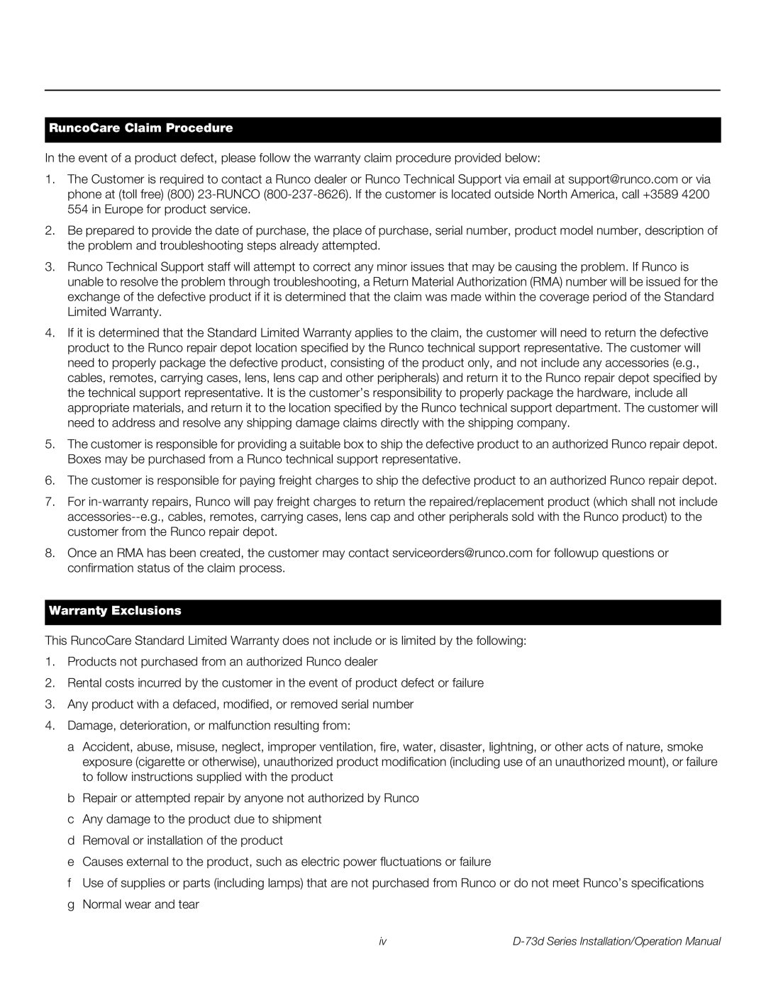 Runco D-73D operation manual RuncoCare Claim Procedure 