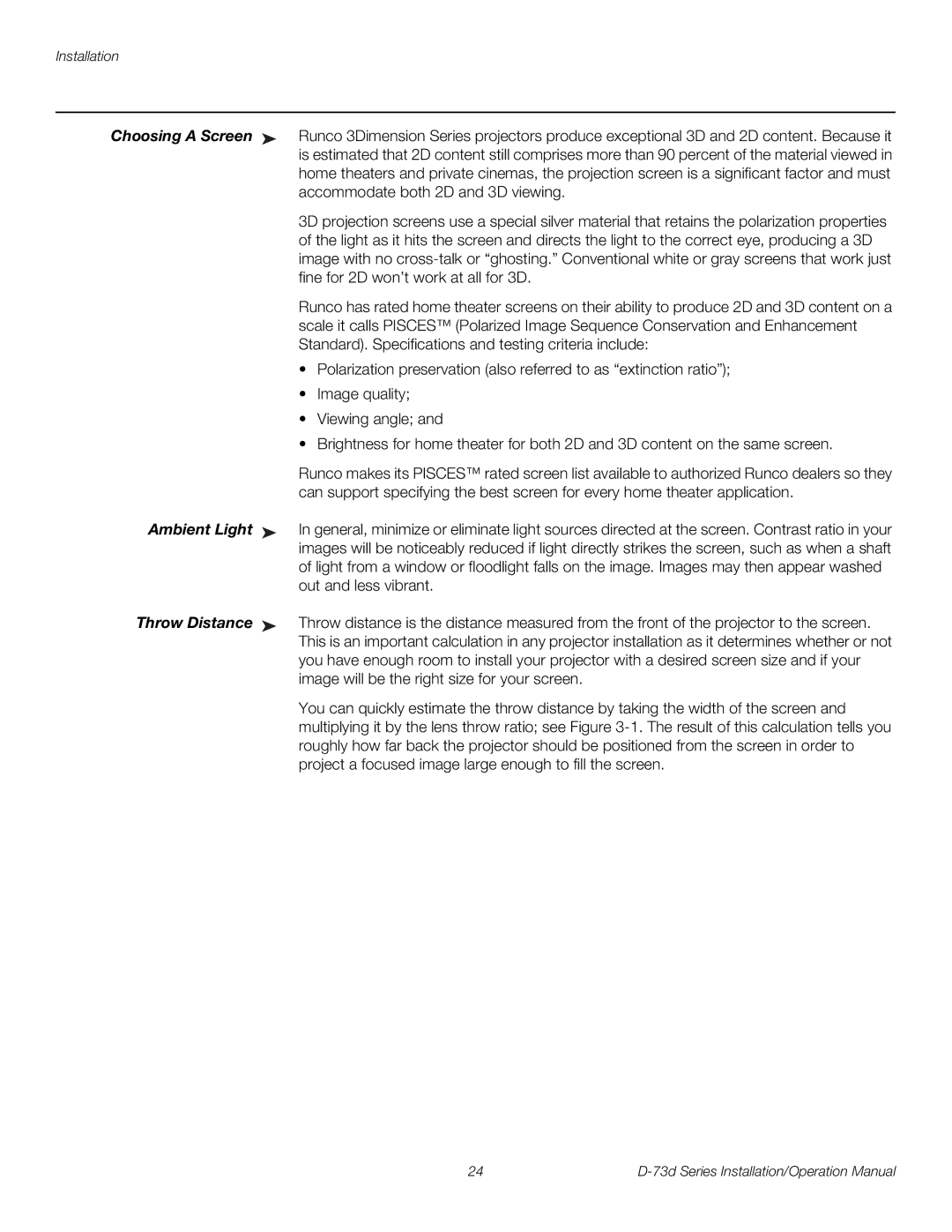 Runco D-73D operation manual Ambient Light, Throw Distance 