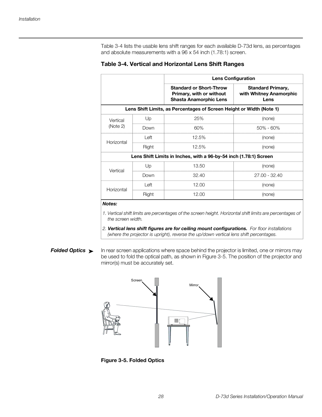 Runco D-73D operation manual Vertical and Horizontal Lens Shift Ranges, Lens Configuration 