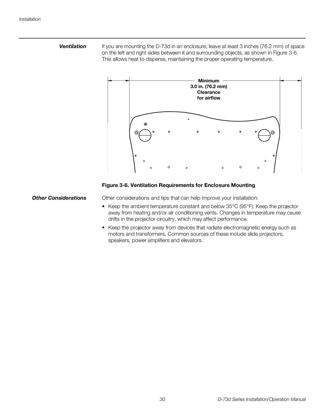 Runco D-73D operation manual Ventilation Requirements for Enclosure Mounting, Minimum .2 mm Clearance for airflow 