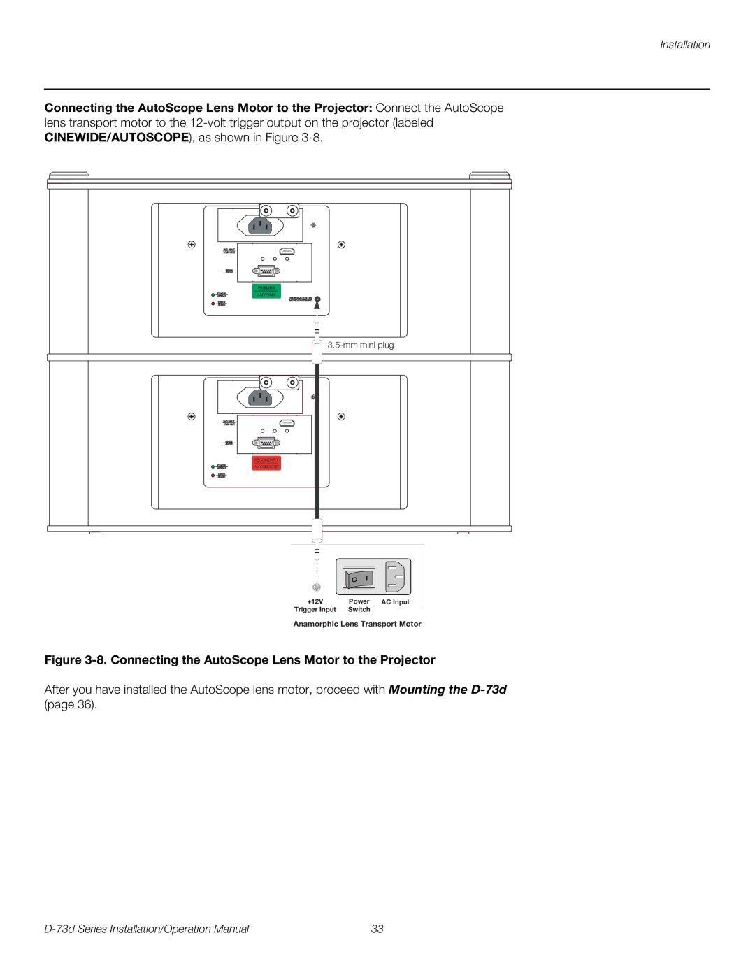 Runco D-73D operation manual Connecting the AutoScope Lens Motor to the Projector 