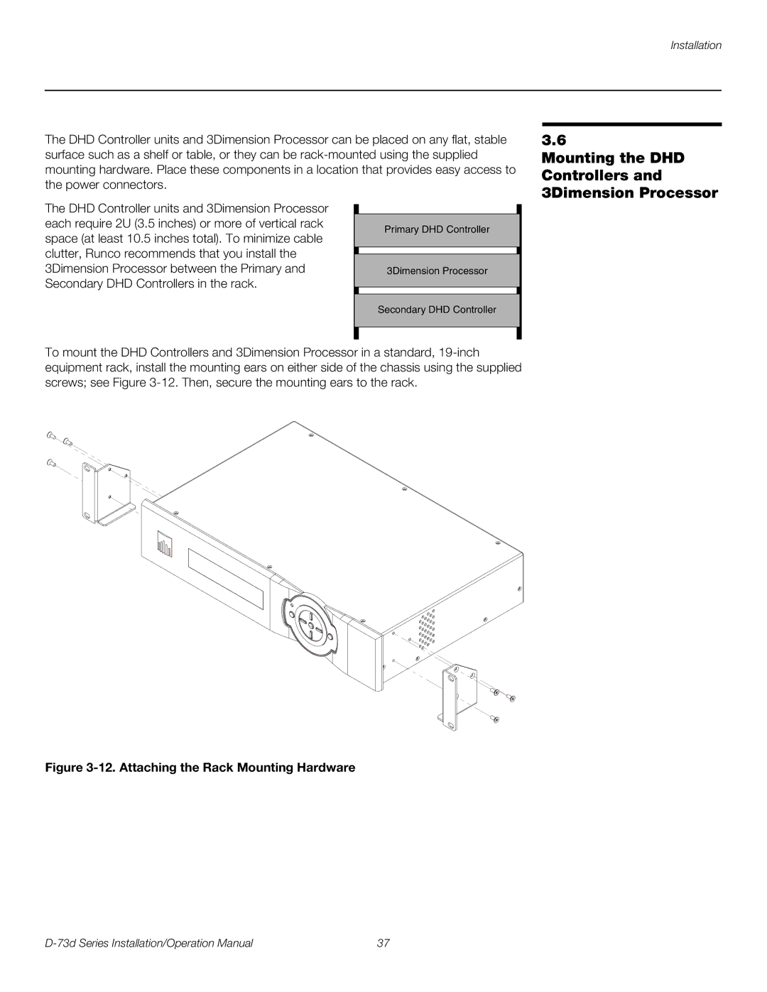 Runco D-73D operation manual Mounting the DHD Controllers and 3Dimension Processor, Attaching the Rack Mounting Hardware 