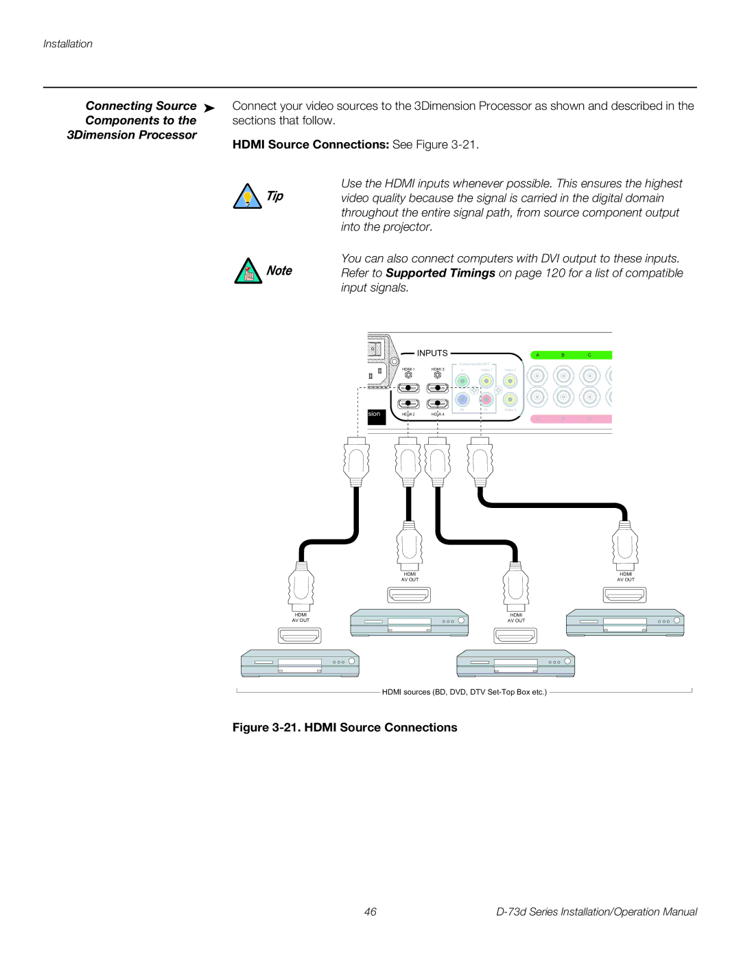 Runco D-73D operation manual Connecting Source, Components to, 3Dimension Processor, Hdmi Source Connections See Figure 