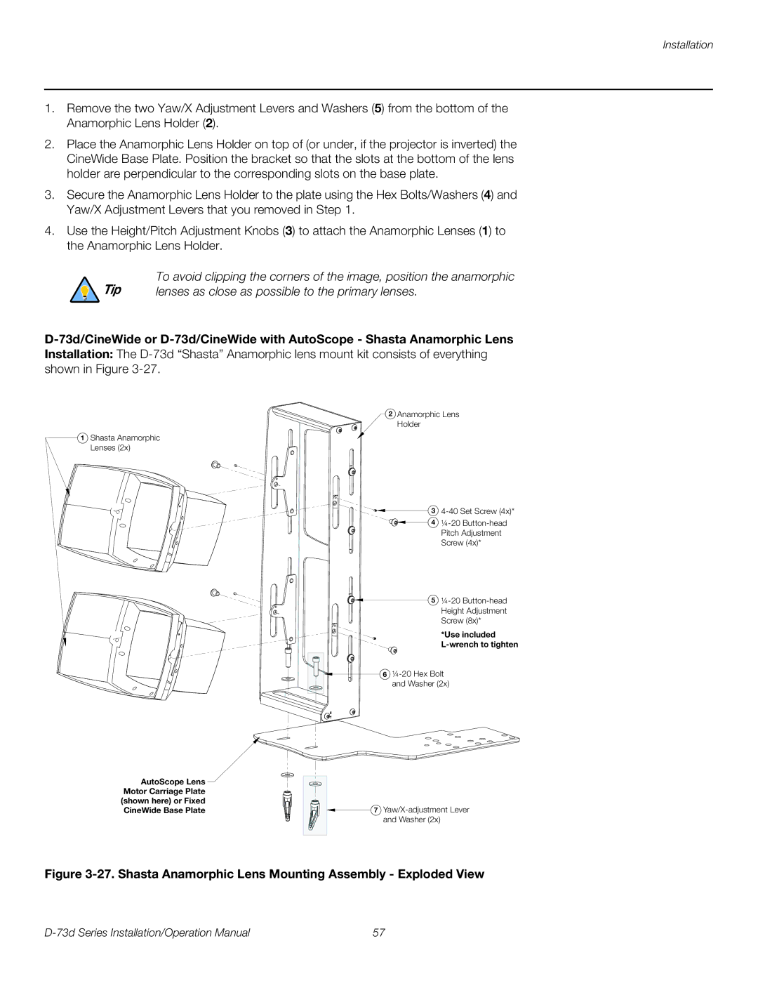 Runco D-73D Lenses as close as possible to the primary lenses, Shasta Anamorphic Lens Mounting Assembly Exploded View 