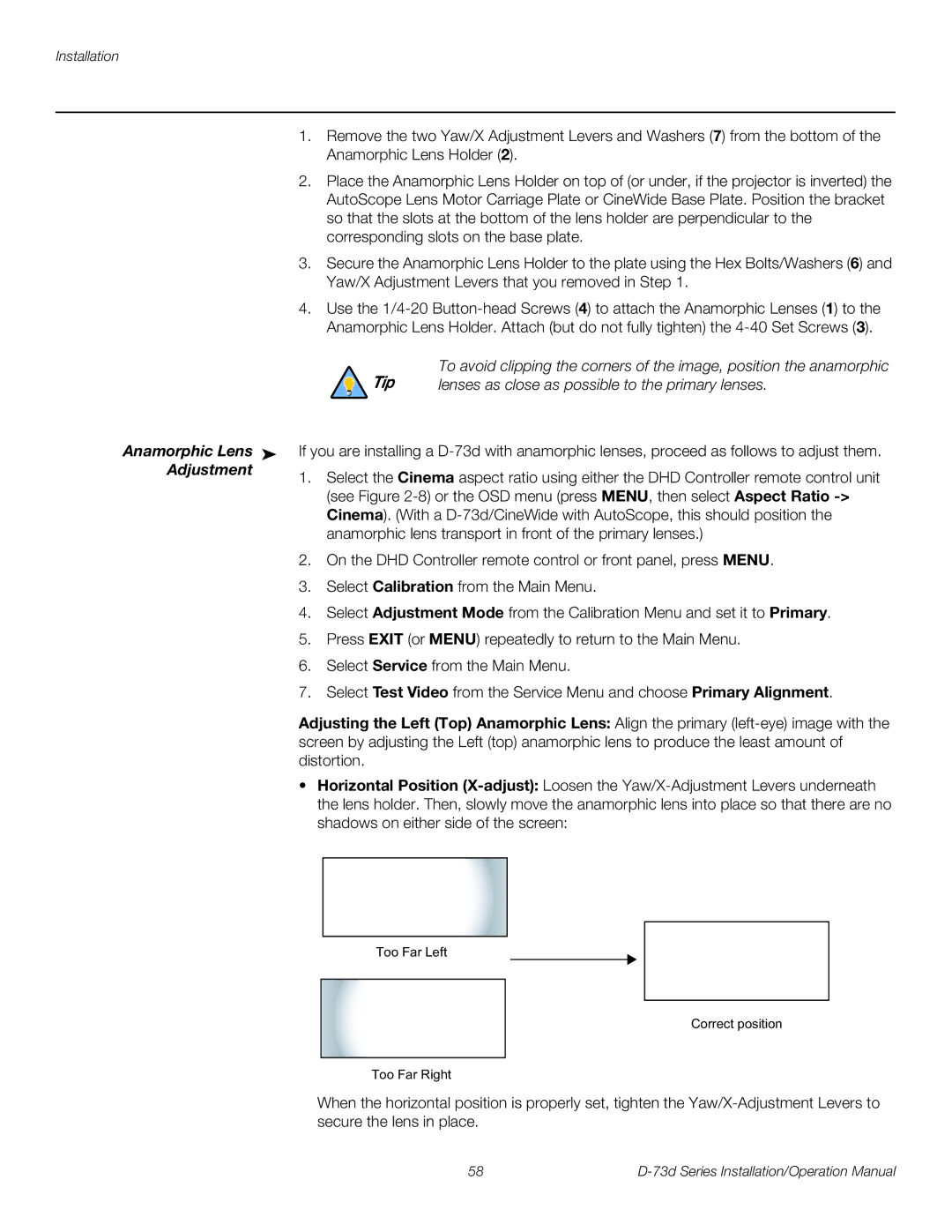 Runco D-73D operation manual Anamorphic Lens Holder, Adjustment 