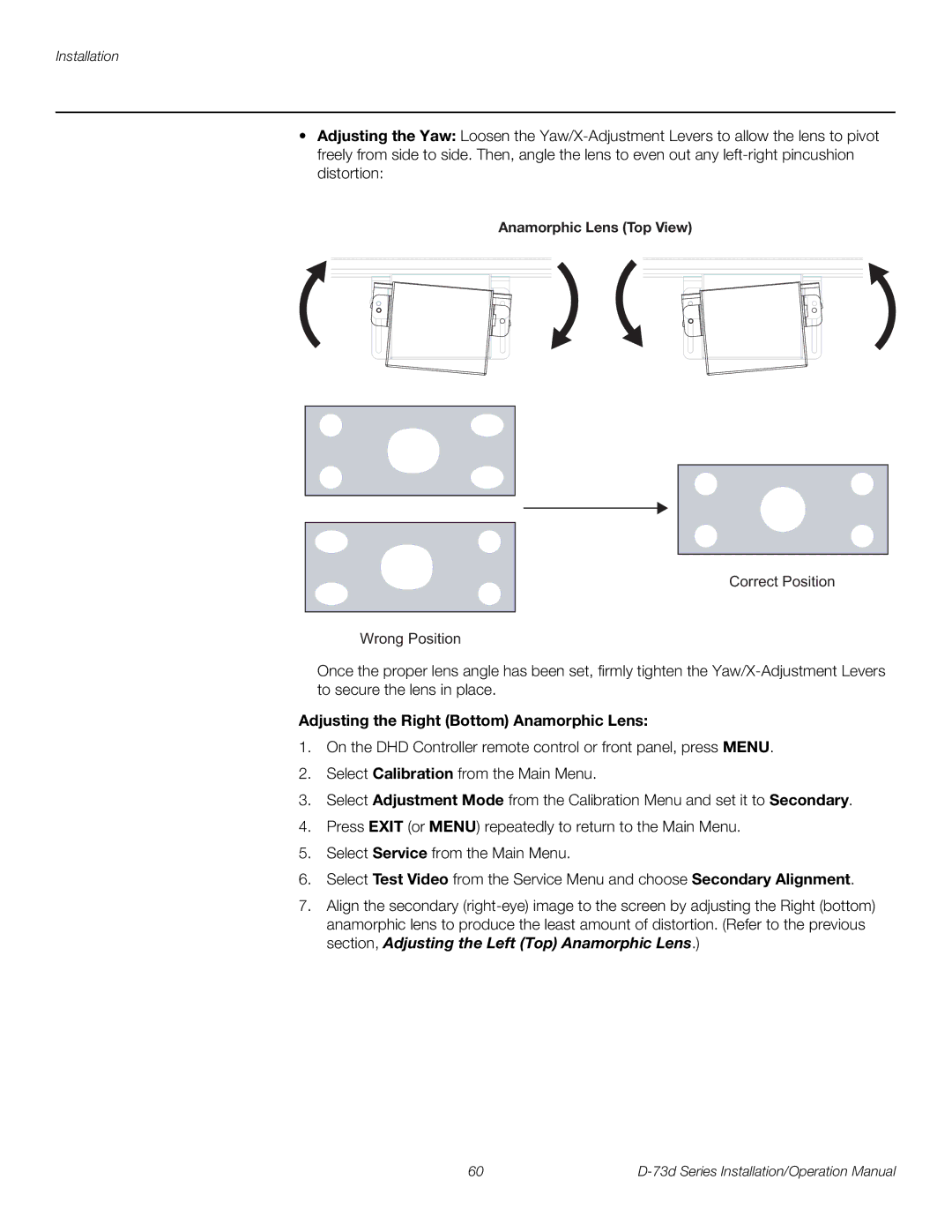 Runco D-73D operation manual Adjusting the Right Bottom Anamorphic Lens, Anamorphic Lens Top View 