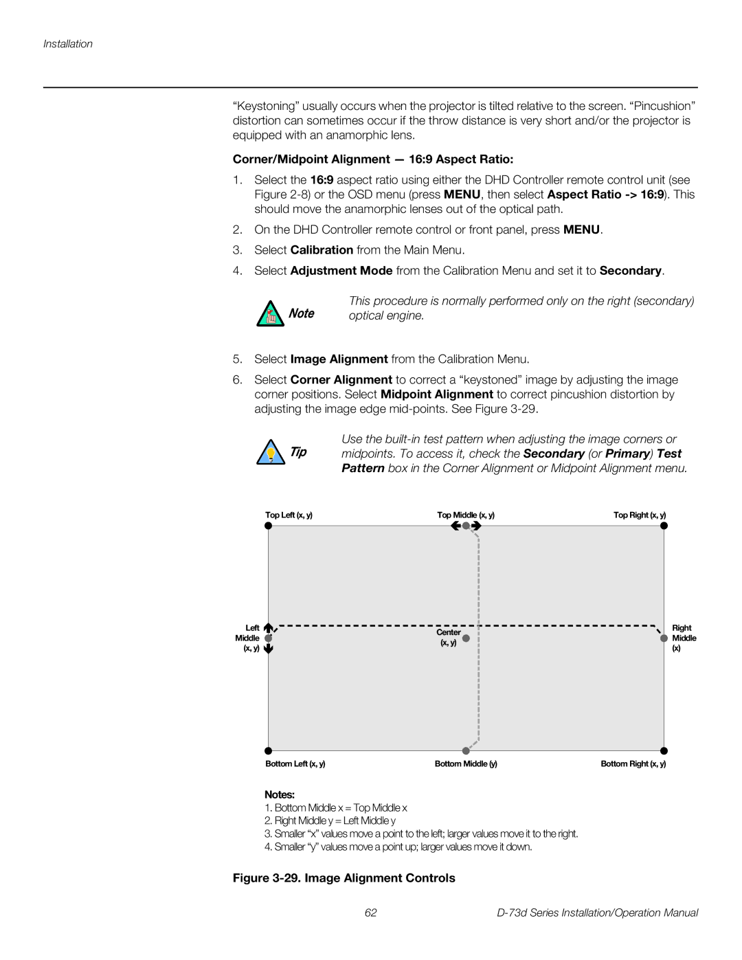 Runco D-73D operation manual Corner/Midpoint Alignment 169 Aspect Ratio, Optical engine 