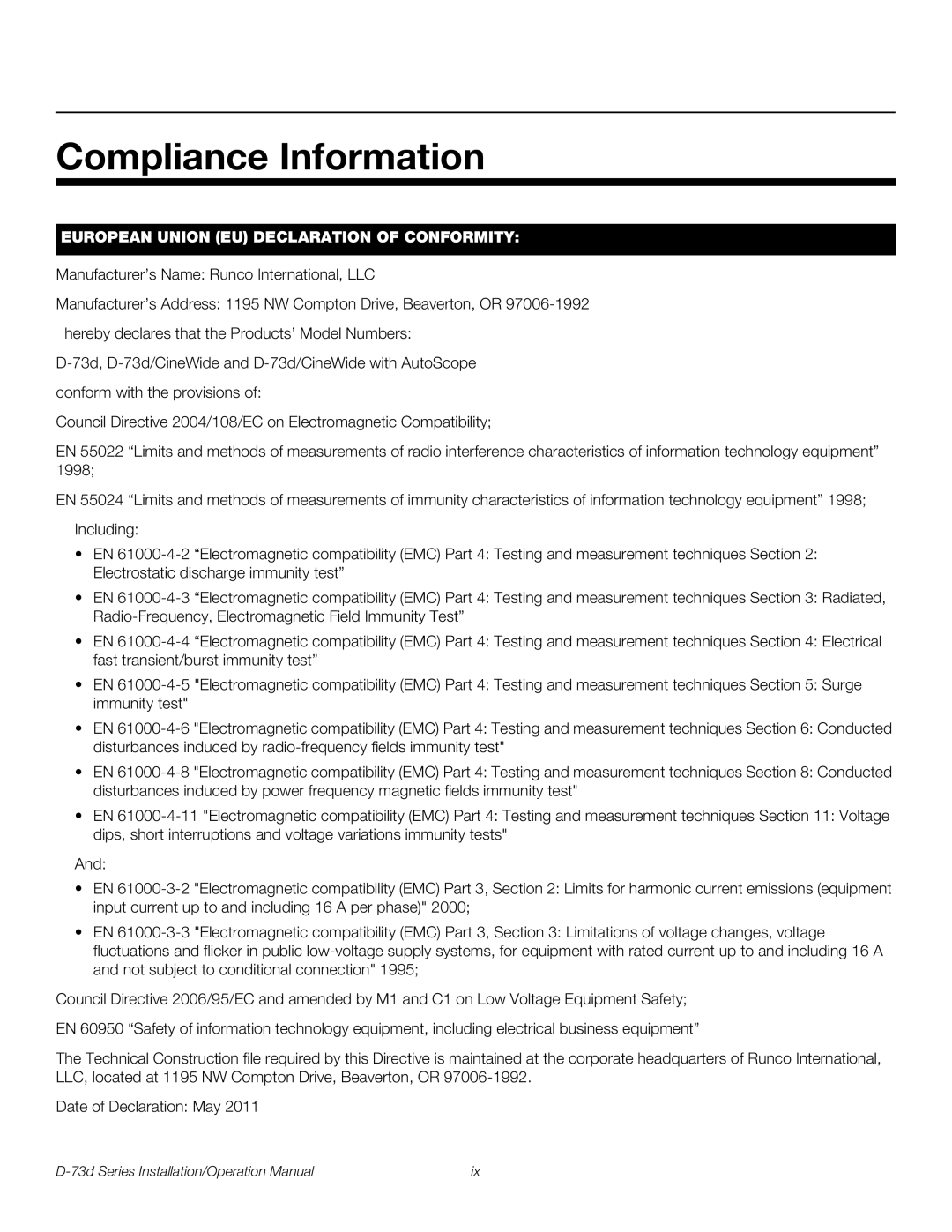 Runco D-73D operation manual Compliance Information, European Union EU Declaration of Conformity 