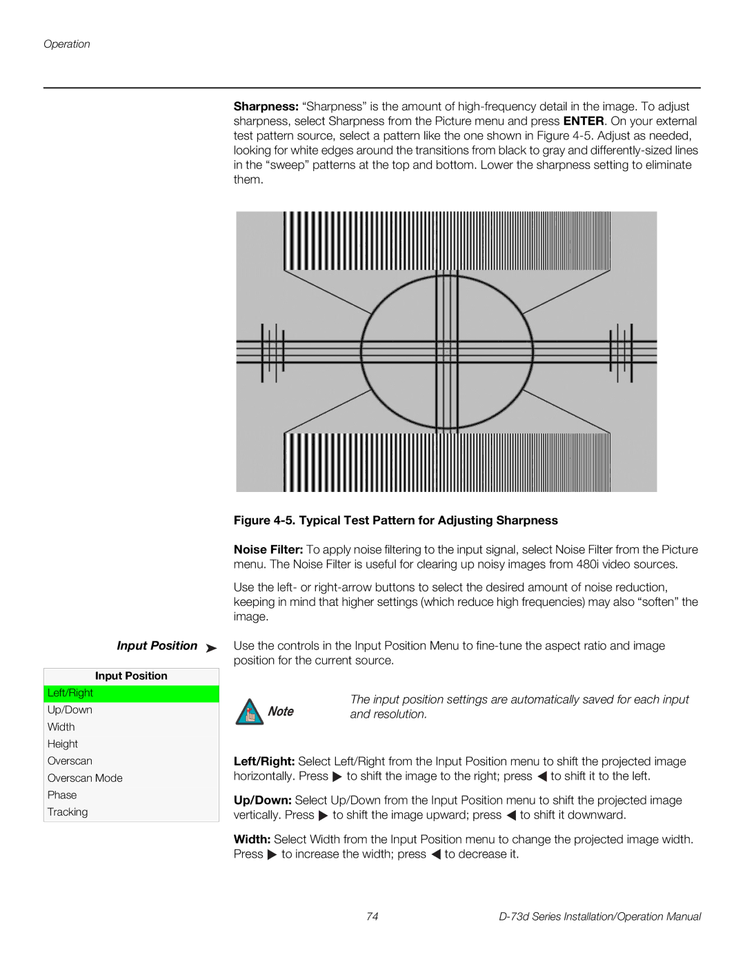 Runco D-73D operation manual Input Position, Resolution 