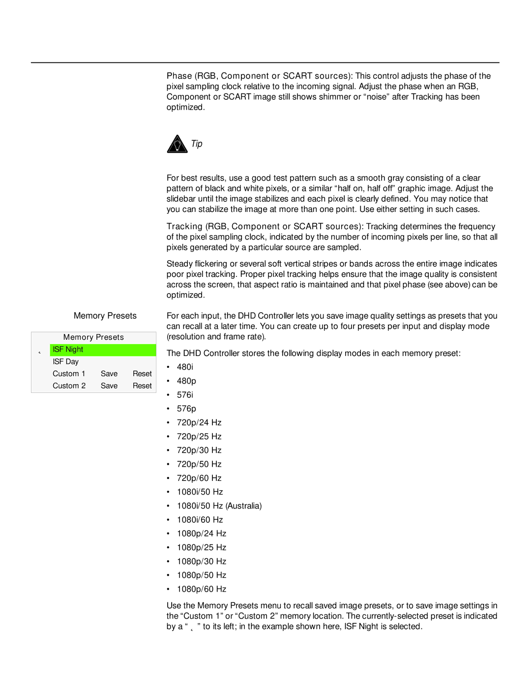 Runco D-73D operation manual Memory Presets, Adjust the Phase after adjusting Tracking see below 