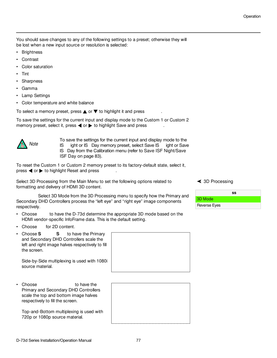 Runco D-73D operation manual 3D Processing 