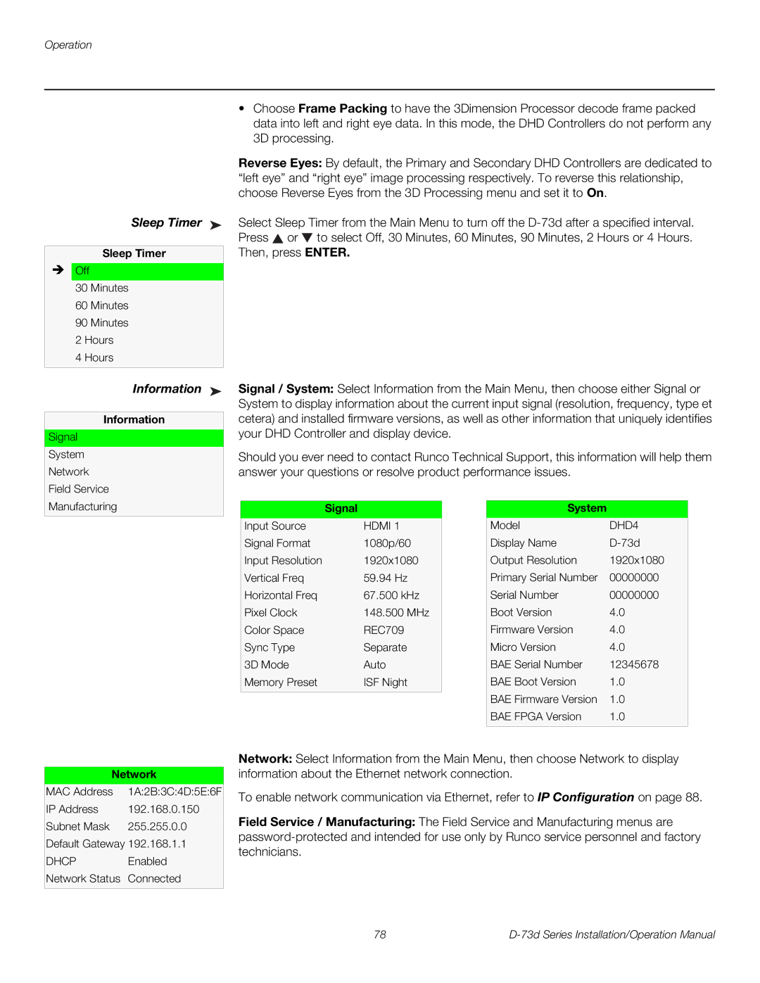 Runco D-73D operation manual Sleep Timer, Information 