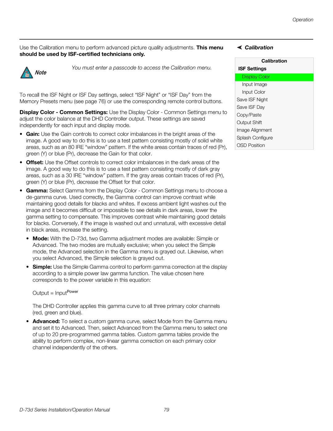 Runco D-73D operation manual Calibration ISF Settings 