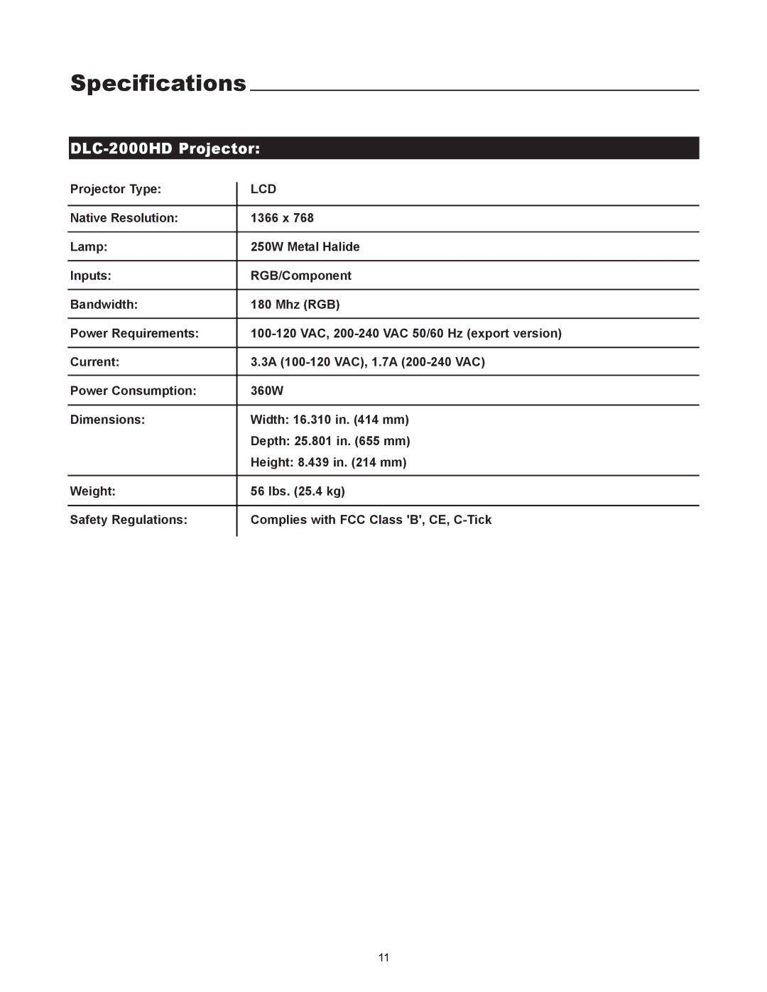 Runco user manual Specifications, DLC-2000HD Projector 