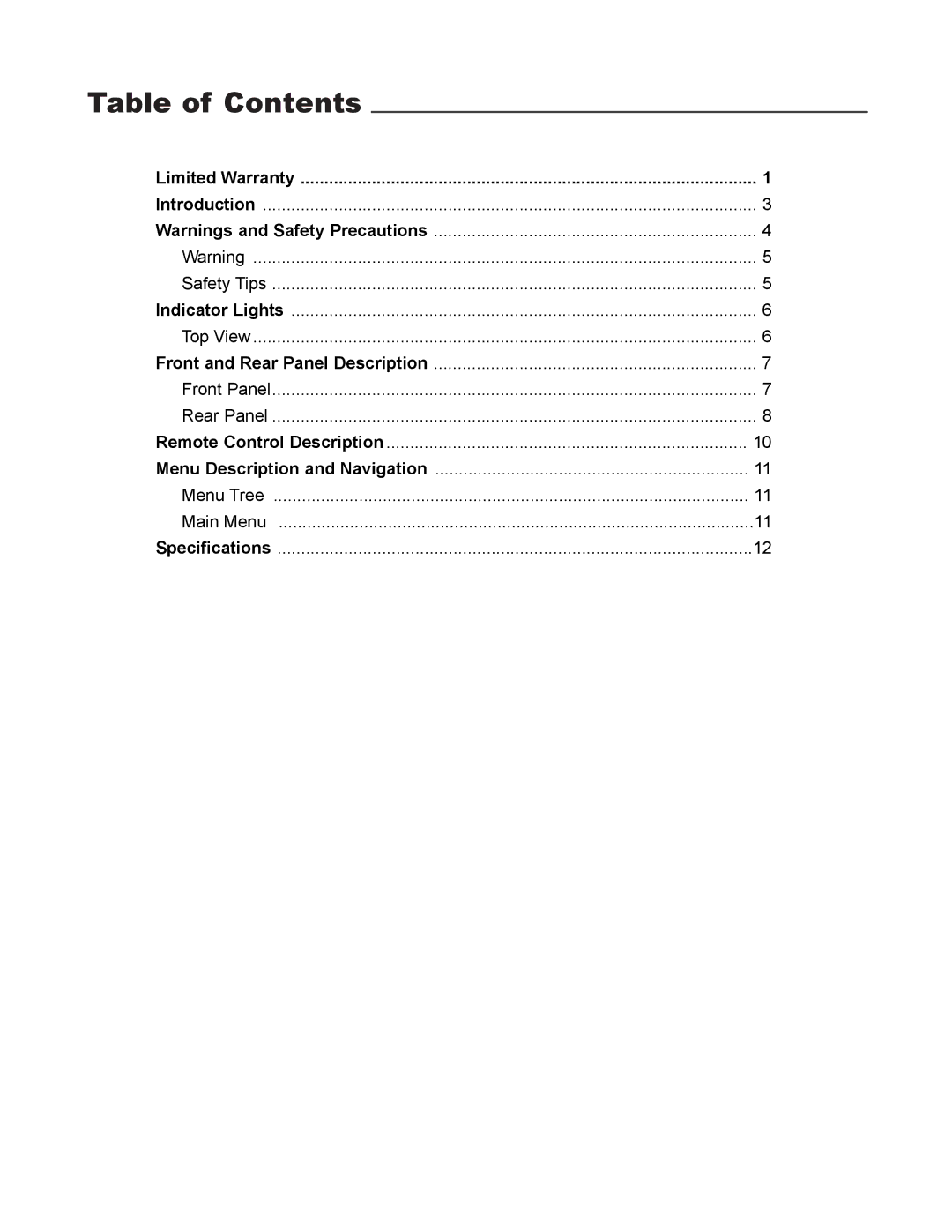 Runco DLC-2000HD user manual Table of Contents 