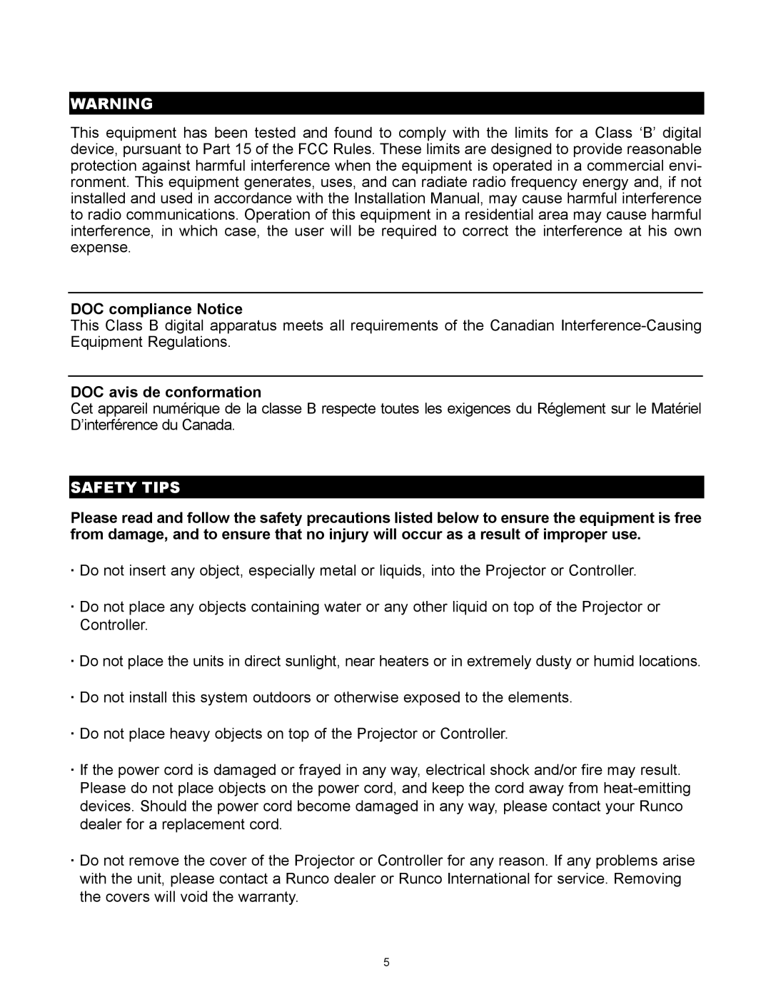 Runco DLC-2000HD user manual Safety Tips 