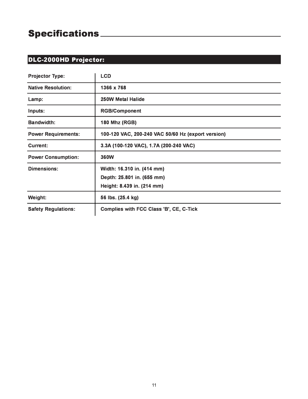 Runco user manual Specifications, DLC-2000HD Projector 