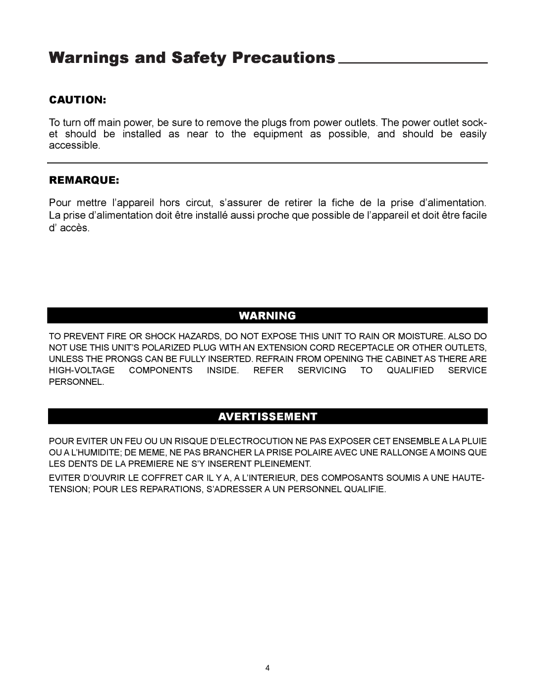 Runco DLC-2000HD user manual Warnings and Safety Precautions, Remarque, Avertissement 