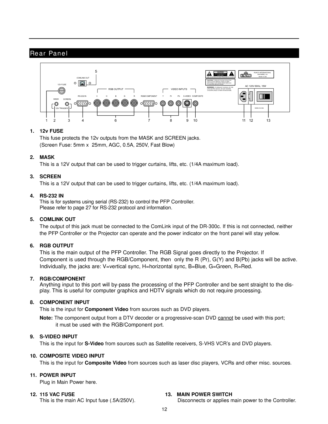 Runco DR-300c manual Rear Panel, Comlink OUT 