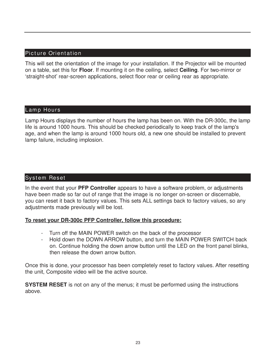 Runco DR-300c manual Picture Orientation, Lamp Hours, System Reset 