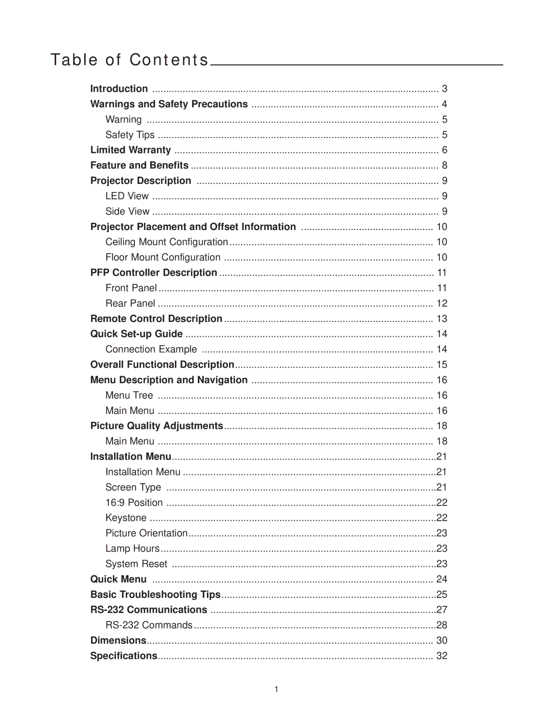 Runco DR-300c manual Table of Contents 