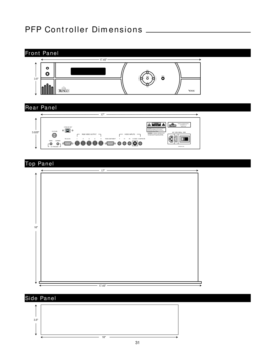 Runco DR-300c manual PFP Controller Dimensions, Top Panel, Side Panel 