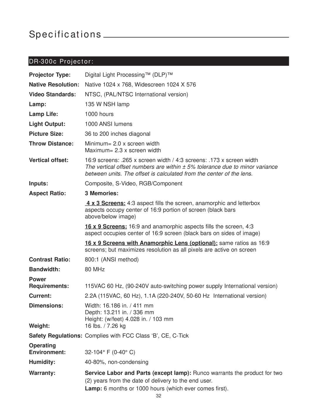 Runco manual Specifications, DR-300c Projector 