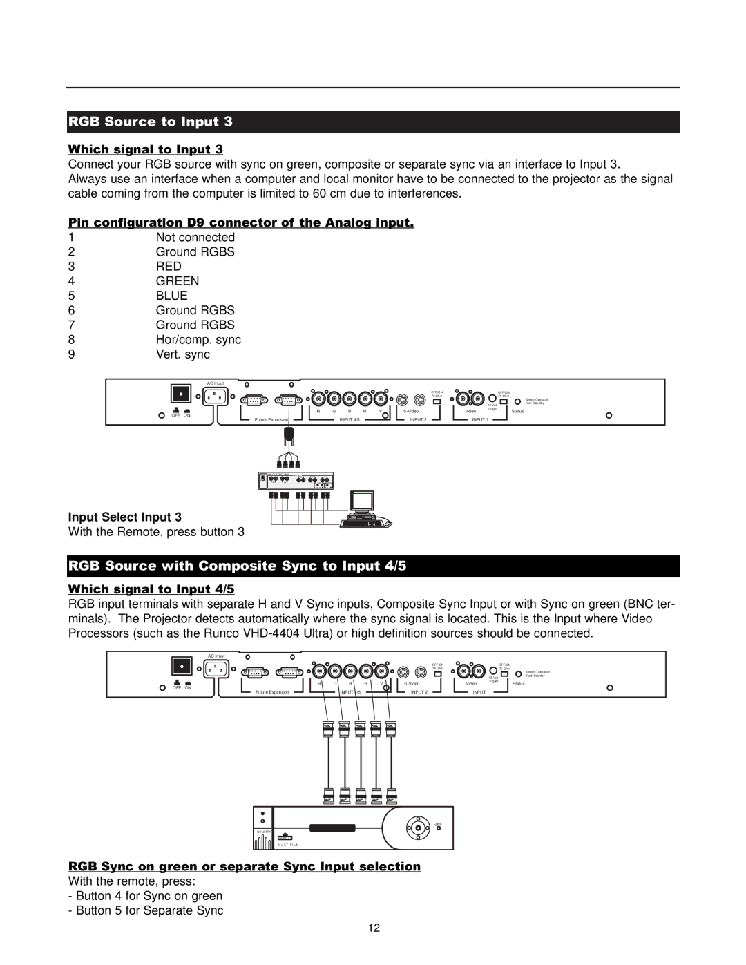 Runco DTV-1200 owner manual RGB Source to Input, RGB Source with Composite Sync to Input 4/5, Input Select Input 