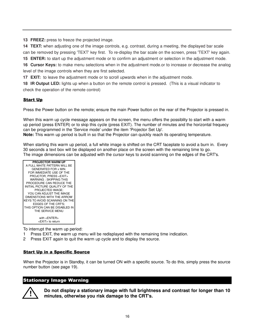 Runco DTV-1200 owner manual Stationary Image Warning, Projector Warm UP 