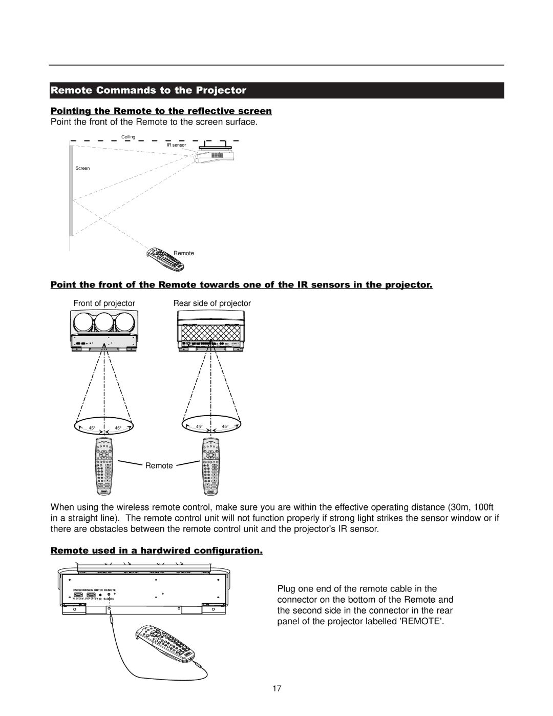 Runco DTV-1200 owner manual Remote Commands to the Projector, Front of projector 