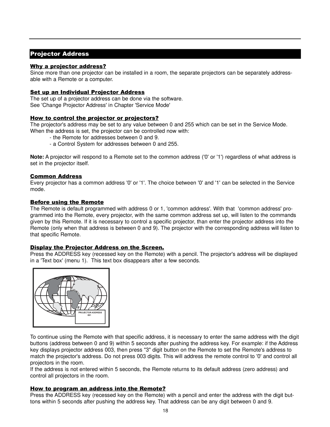 Runco DTV-1200 owner manual Projector Address 