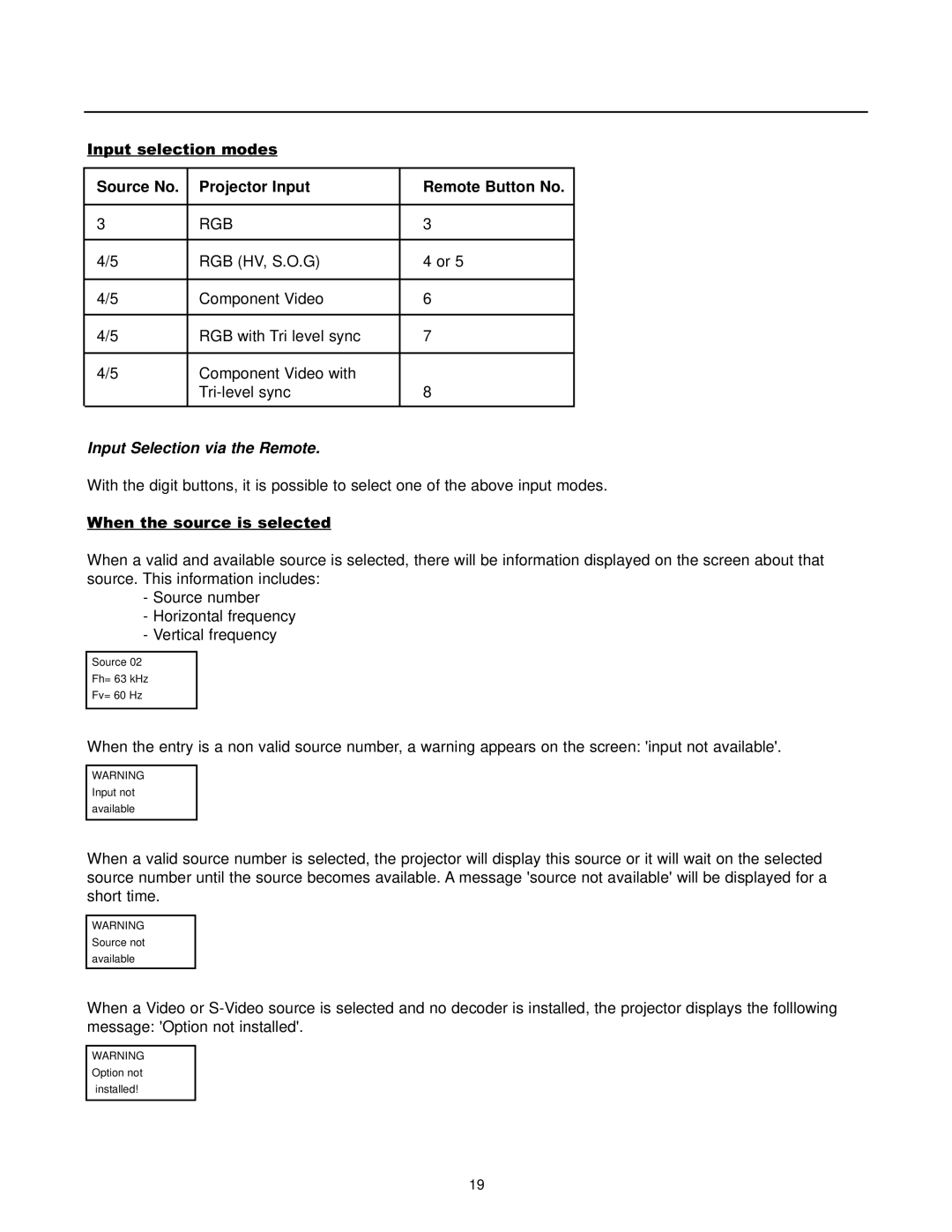 Runco DTV-1200 owner manual Input Selection via the Remote 