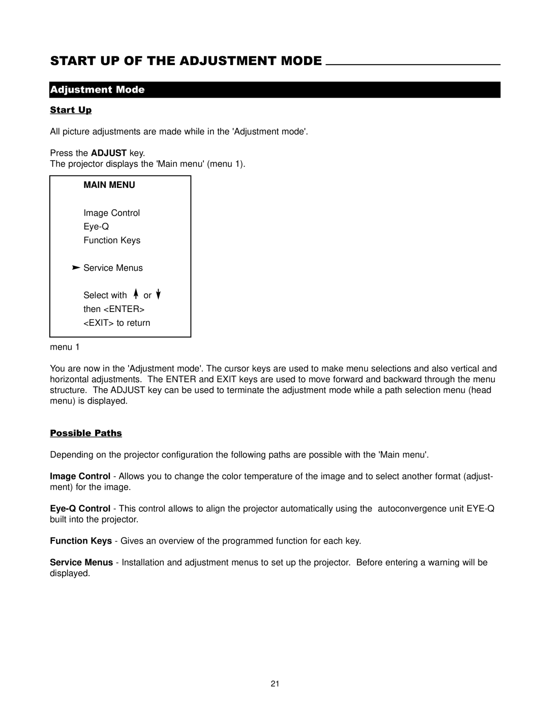 Runco DTV-1200 owner manual Start UP of the Adjustment Mode 