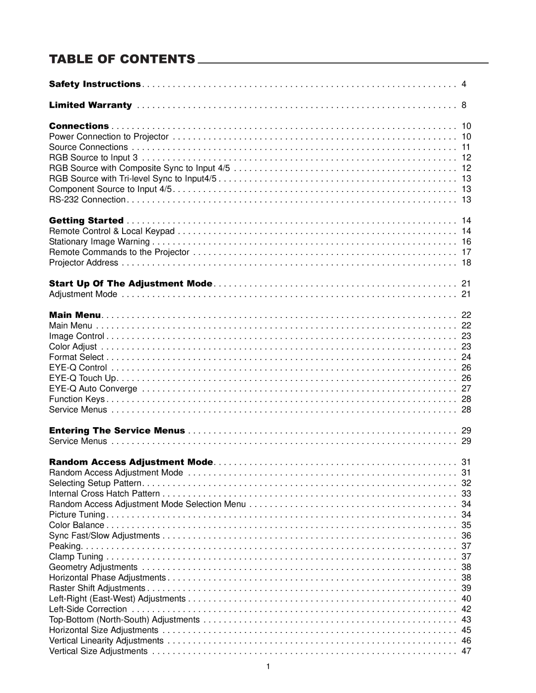 Runco DTV-1200 owner manual Table of Contents 