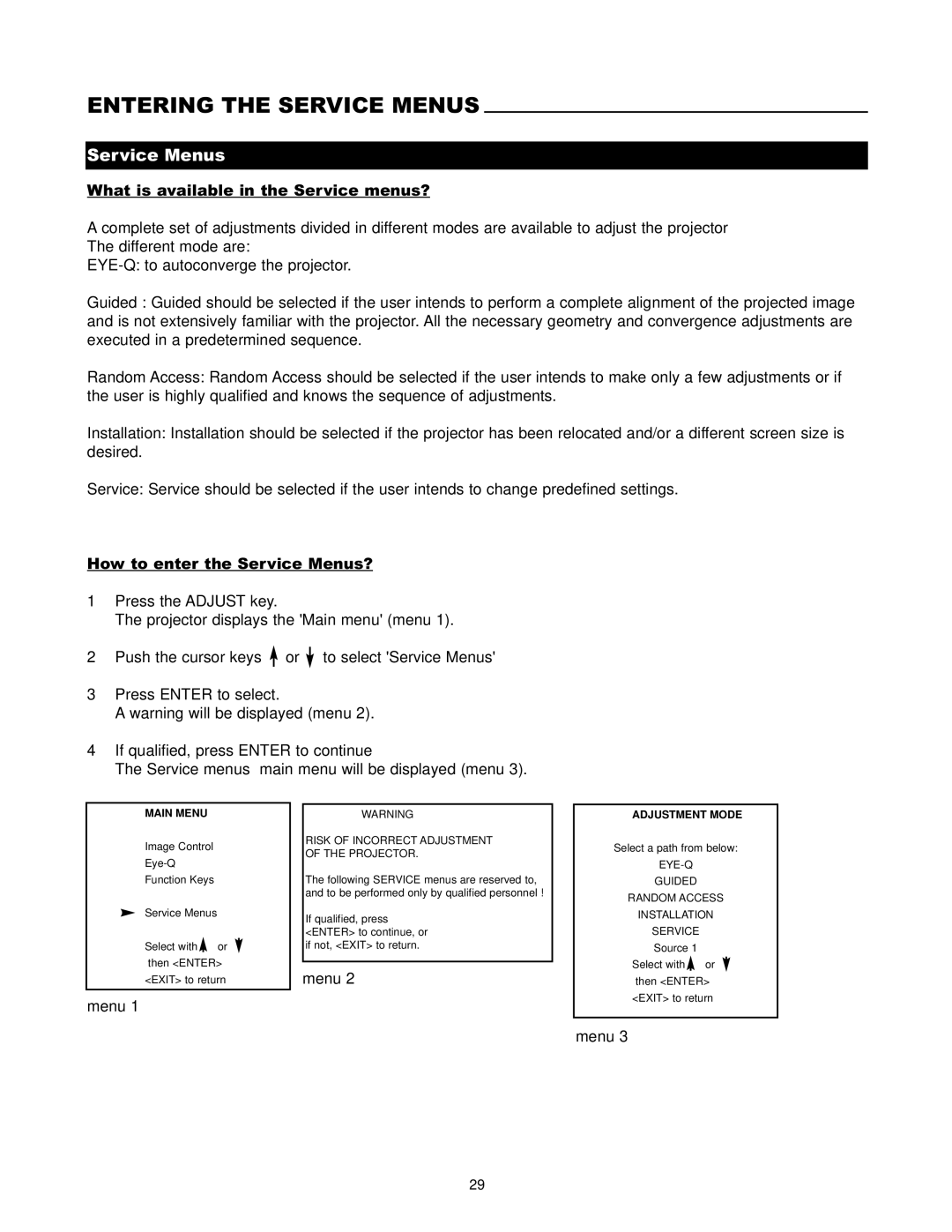 Runco DTV-1200 owner manual Entering the Service Menus 