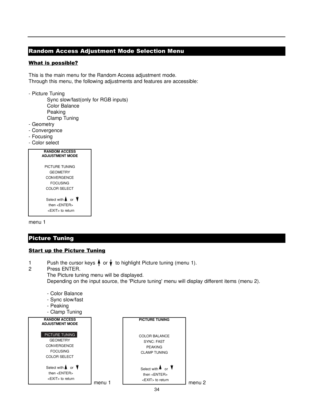 Runco DTV-1200 owner manual Random Access Adjustment Mode Selection Menu, Picture Tuning 