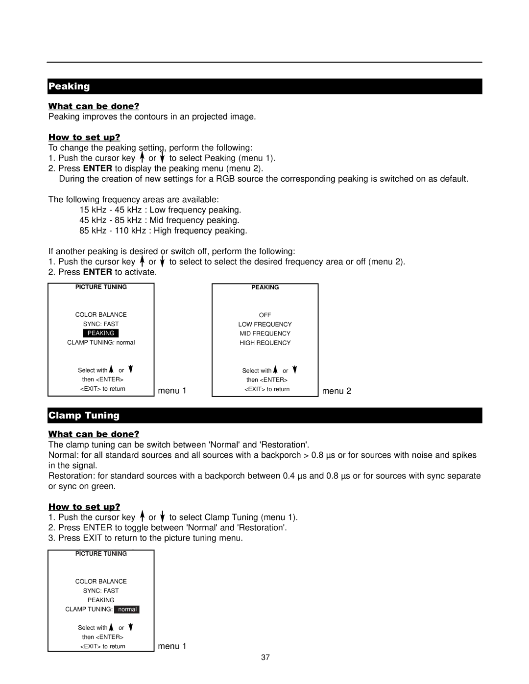 Runco DTV-1200 owner manual Peaking, Clamp Tuning, Piture Tuning 