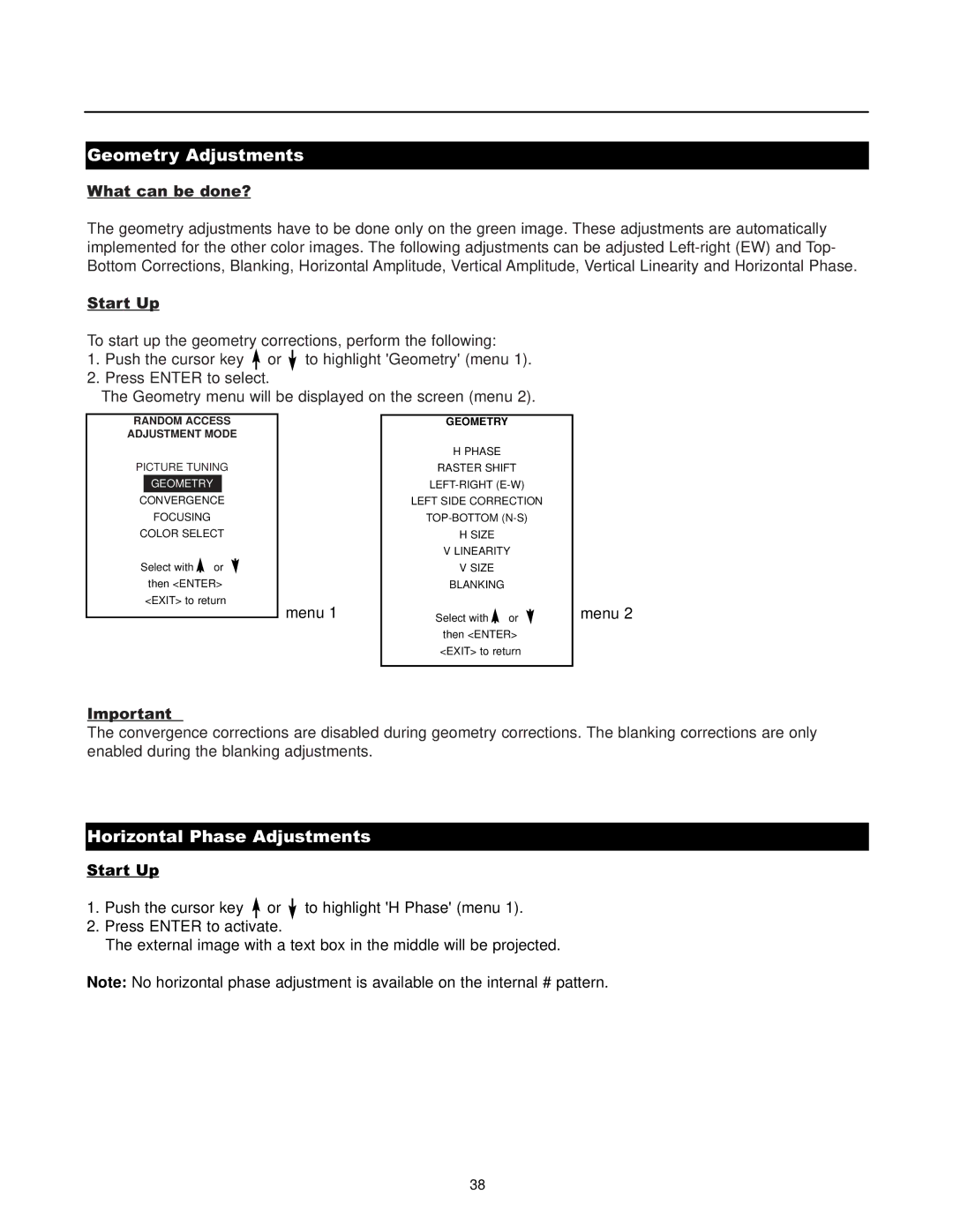 Runco DTV-1200 owner manual Geometry Adjustments, Horizontal Phase Adjustments, Random Access Adjustment Mode 