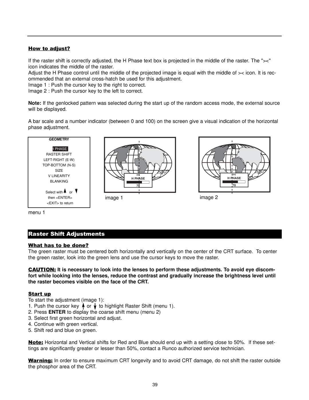 Runco DTV-1200 owner manual Raster Shift Adjustments, Phase 