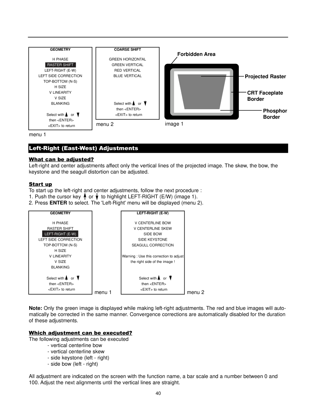 Runco DTV-1200 Left-Right East-West Adjustments, Forbidden Area, Projected Raster CRT Faceplate Border Phosphor 