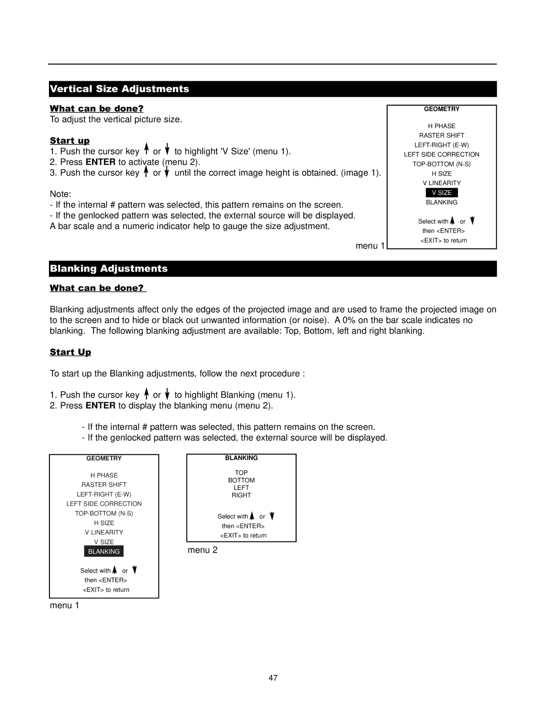 Runco DTV-1200 owner manual Vertical Size Adjustments, Blanking Adjustments 